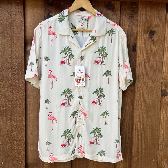 Christmas Holiday Shirt Beach Flamingos Mens MEDIUM Denim & Flower Ricky Singh - Picture 1 of 14